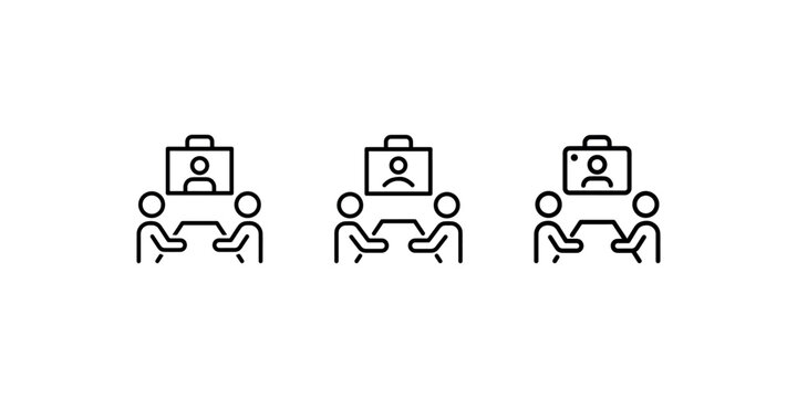 Job interview line icons showing two people in a meeting with a resume on table, representing employment, recruitment, and human resources.