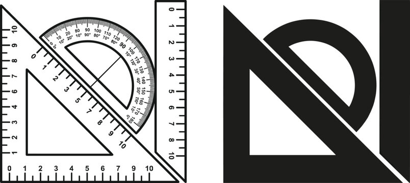 Set of black geometry ruler protractor and set square icons vector isolated on white background for architectural drafting design
