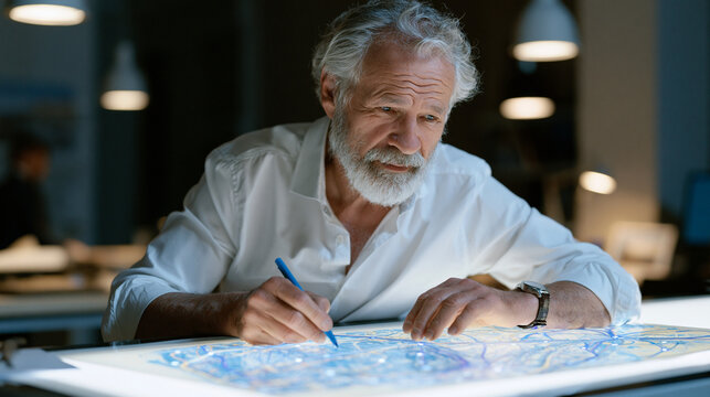 Elderly urban planner tracing network diagram connections nodes printed on translucent acetate overlay against illuminated light table, city infrastructure pathways mapped in precise technical draft