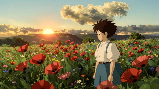 Anime Junge im Mohnfeld bei Sonnenuntergang