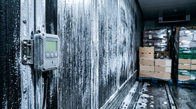 digital temperature monitoring device inside refrigerated transport container ensuring food safety compliance during cold chain logistics operations