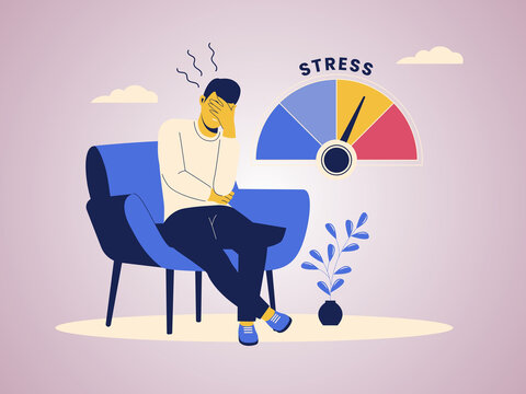 A depressed man sitting on a chair with a high stress level indicator and emotional burnout