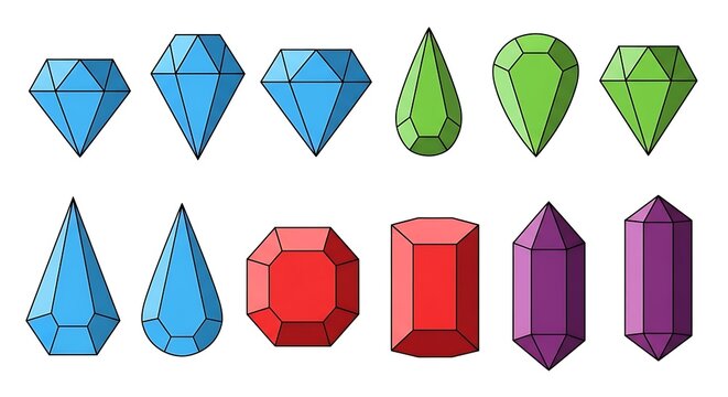 Set of various colorful gemstone and crystal shapes with gemstone, colorful