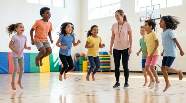 Diverse group of children participating in a physical education class with a teacher in a school gymnasium.