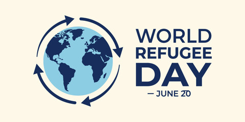 Fototapeta premium World refugee day june 20 vector typography banner with earth globe and circular rotation arrows for global awareness template