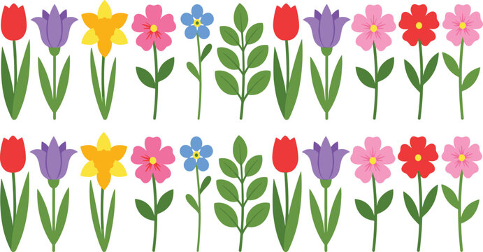 Scandinavian Folk Flower Collection with Tulips, Daffodils, Blossoms, and Botanical Leaves, Colorful Spring Garden Vector Elements