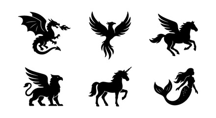 Obraz premium Mythical Creature Silhouettes: Dragon, Phoenix, Pegasus, Unicorn, Mermaid, Griffin Icons