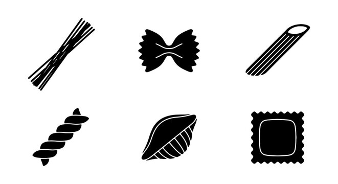 Italian Pasta Shapes Vector Icons, Spaghetti, Farfalle, Penne, Fusilli, Conchiglie, Ravioli