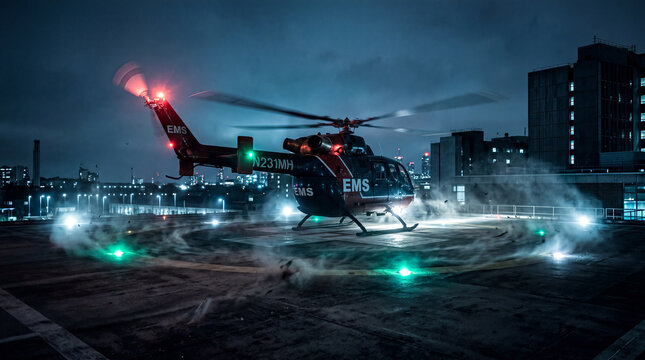 Emergency medical service (EMS) helicopter landing on hospital helipad at night. Concept of air ambulance, patient evacuation, and critical care transport.