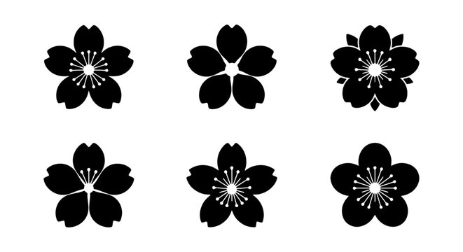 Black Cherry Blossom Icons, Sakura Flower Vector Set, Japanese Floral Graphic Elements