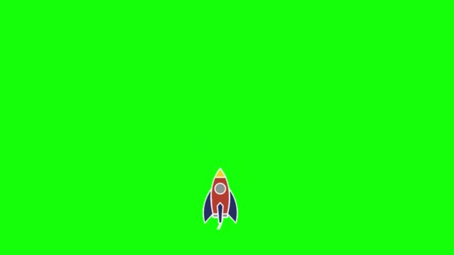 Animated cartoon rocket ships flying upwards with smoke trails on a green screen background loop