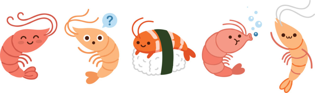 Cute shrimp character vector icon set featuring adorable prawn mascots in various poses including sushi roll happy confused and blowing bubbles on white background.