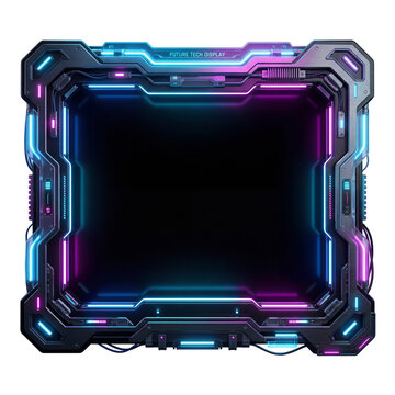 Futuristic sci-fi hud frame mockup with neon lights, abstract cyber display border neon blue and purple isolated on black background