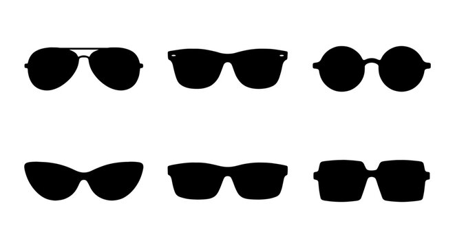 Six Silhouette Sunglasses Styles, Vector Icons Set: Aviator, Cat Eye, Round, Square Frames