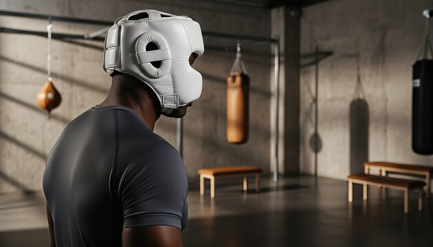 Athletic man wearing blank white boxing headgear sitting in a premium concrete gym
