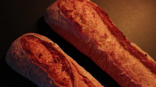 Rustic Baguettes in Warm Flickering Light. Two rustic baguettes lit by warm flickering light on a dark background. Cozy bakery scene with crisp crust and soft fire-like glow.