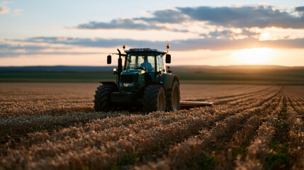 Obraz premium Self-driving agricultural tractor executing precise GPS-guided row cultivation across vast wheat field at dawn, empty desolate farmland horizon, autonomous farming precision
