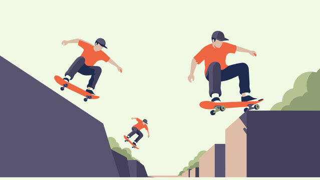 Skateboarder performing tricks down a ramp and jumping off a ledge, dynamic action illustration