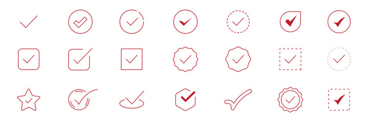 Green check mark icon set with circular and square outline checkbox tick symbols, flat isolated vector pictograms for approval, validation, success, completed task, OK sign. Set of green checkmark © Hike Studio 2