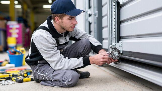 Technician repairing an automatic garage door system while performing maintenance and adjustment work in a modern workshop.