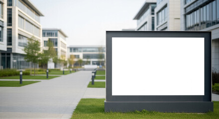 Obraz premium Blank billboard sign in front of modern office buildings in a business park, empty white display for advertising or corporate branding