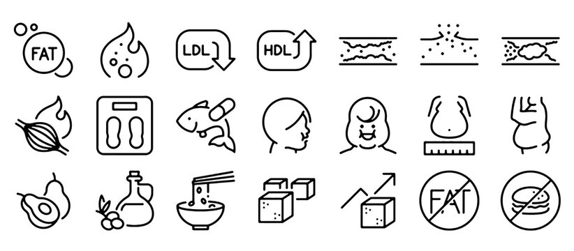 Cholesterol, Fat and Lipid Metabolism Medical Line Icon Set Including Triglycerides and Ischemic Stroke Health Concepts