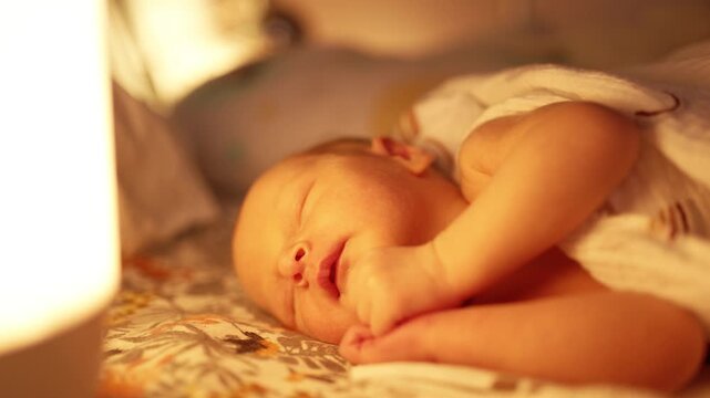 Adorable newborn baby waking up from a nap in a cozy bed with warm lamplight. Showing cute yawning and stretching motions before being fed. Highlighting the innocence and vulnerability of early life