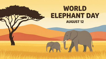 Fototapeta premium Elephant day featuring an elephant and calf in a sunny african savanna