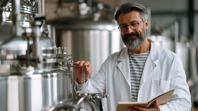 Fermentation scientist opening a sealed bioreactor vessel to sample precision-fermented mycoprotein culture, lab notebook in hand, stainless steel fermentation tanks lining the