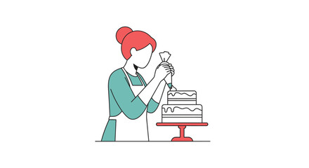 Naklejka premium Woman Decorating Cake with Icing Bag - Minimalist Illustration