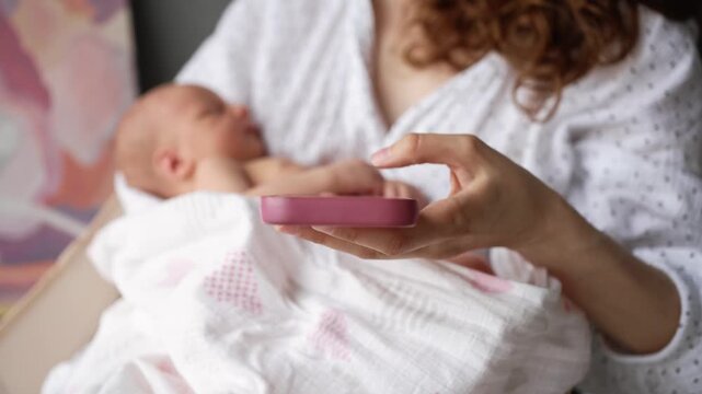 Modern mother holding her sleeping newborn child while using her smartphone, highlighting the constant juggle between parenting duties and staying connected in a busy digital world