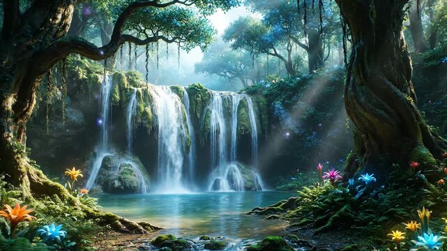 A serene forest scene features a cascading waterfall into a tranquil pool surrounded by lush vegetation and colorful flowers. Light filters through trees