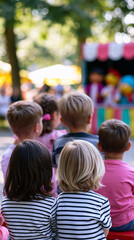 Fototapeta premium Children sitting together watching puppet theater outdoors representing childhood entertainment imagination and group activity concept