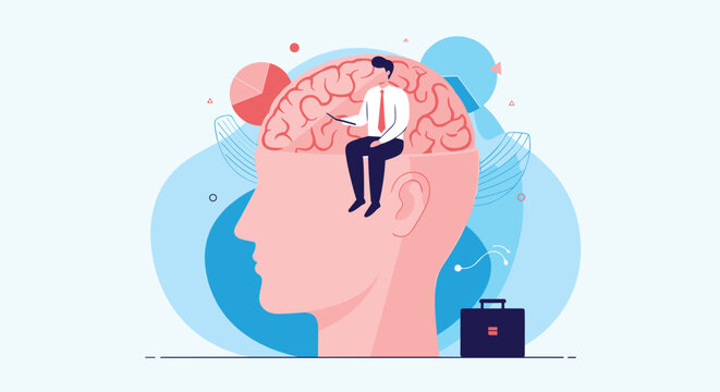 Small businessman sits on top of a giant pink human brain while working on a laptop signifying intelligence and strategic thought processes.