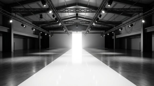 Minimalist fashion runway catwalk with bright white light at the end.