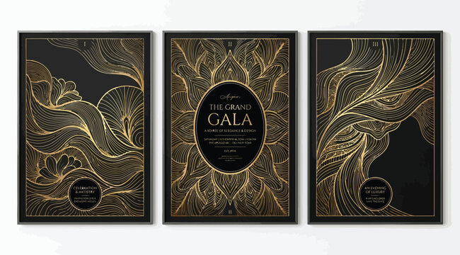 Set of three luxury black and gold gala event posters with intricate filigree patterns