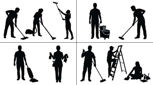 Professional cleaning service silhouettes collection featuring workers mopping vacuuming washing windows and using ladders for domestic housework