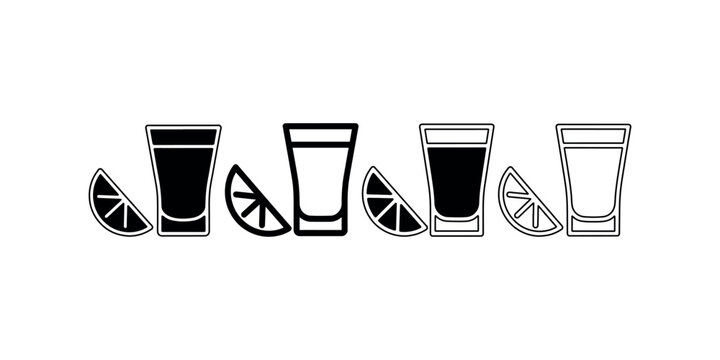 Selection of tequila shot glass icons with lime slices presented in multiple artistic render styles isolated on white background for drink menu illustration set.
