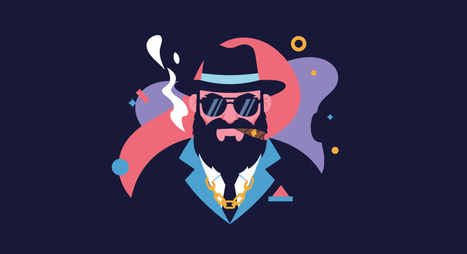 Cool stylish man with a long beard wearing a black hat and sunglasses while smoking a cigar against an abstract colorful backdrop of shapes.