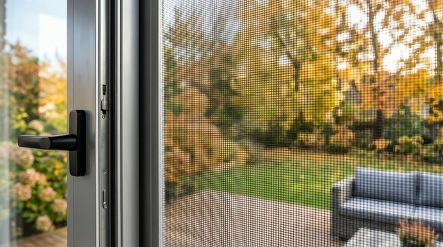 Aluminum sliding window frame with mosquito screen mesh looking out to a garden.