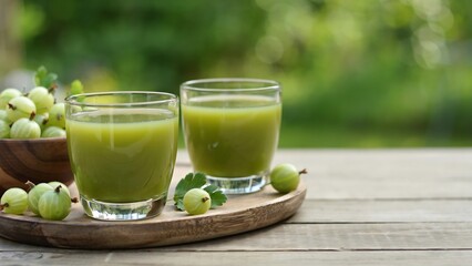 Fototapeta premium Fresh green juice, healthy drink, glass cups, wooden tray, green fruits