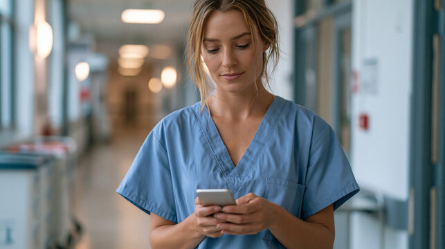 Busy nurse pausing in a hospital corridor to complete a microlearning safety protocol refresher on a work-issued phone, bite-sized quiz card visible on the screen, institutional