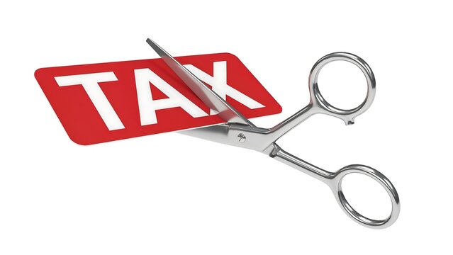 Cutting tax, scissors, red tax sign, finance concept, taxation