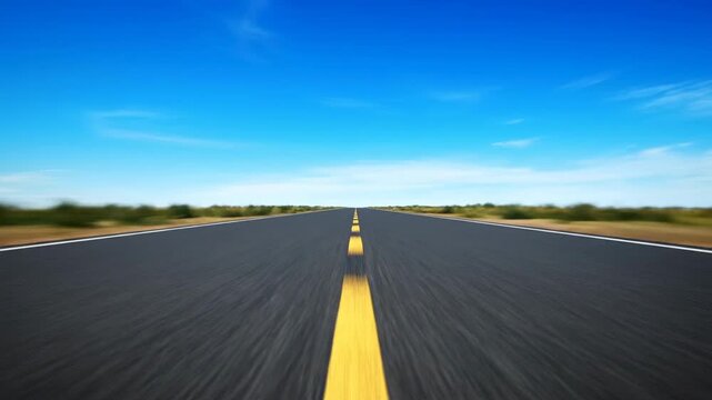 A straight, black asphalt road leads towards the horizon under a blue sky