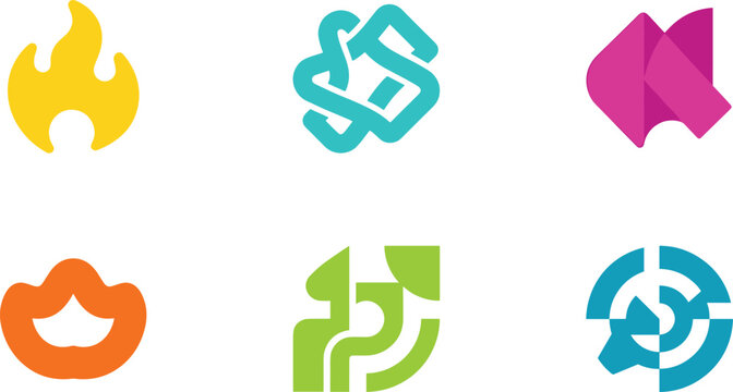 Abstract Geometric Vector Icon Set with Fire Flame, Intricate Nodes, Arrows, and Target Shapes for Creative Corporate Branding and Tech Logo Designs