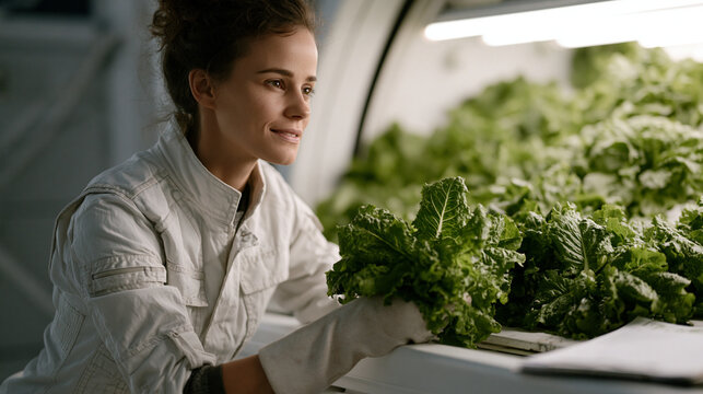 Closed loop life support plant cultivation specialist harvests leafy greens from rotating drum hydroponic system in habitat mockup, water nutrient reservoir visible below, harvest