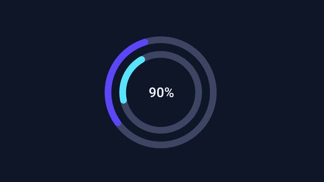 Animated digital interface displaying a gradient circular progress indicator at ninety percent completion on a dark background, representing loading, processing, performance tracking