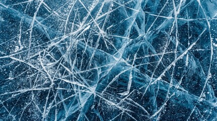 Obraz premium Frozen ice surface with blue texture and hockey skate marks