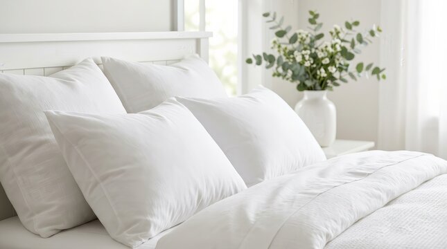 Minimalist bedroom interior featuring white pillows and clean bedding.