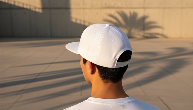 Young Hispanic man wearing a blank white snapback cap in a modern concrete plaza